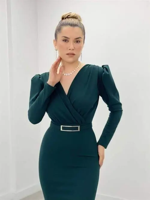 Crepe Fabric Crossover Neck Fishtail Dress - EMERALD GREEN - 3