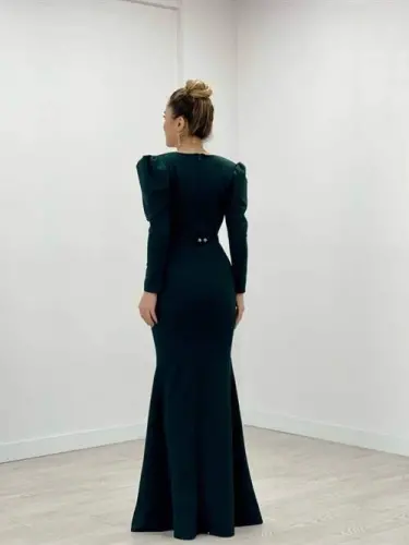 Crepe Fabric Crossover Neck Fishtail Dress - EMERALD GREEN - 5