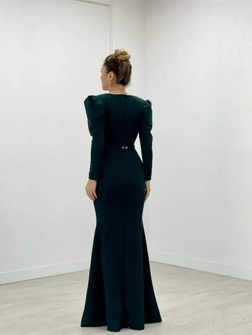 Crepe Fabric Crossover Neck Fishtail Dress - EMERALD GREEN - 5