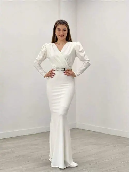 Crepe Fabric Crossover Neckline A-Line Dress - WHITE - 1