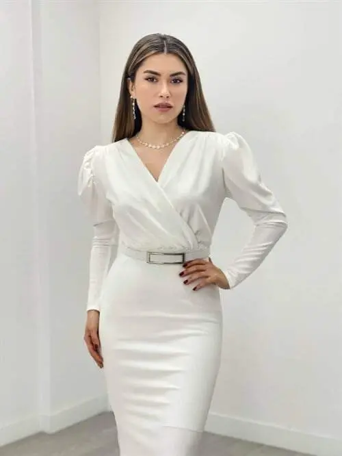Crepe Fabric Crossover Neckline A-Line Dress - WHITE - 3