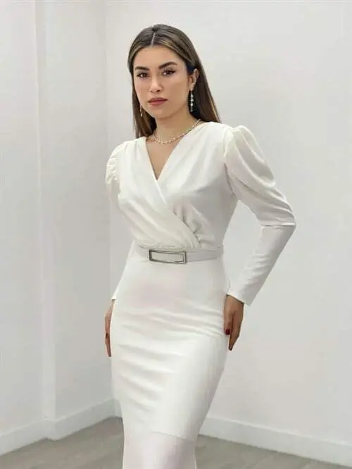Crepe Fabric Crossover Neckline A-Line Dress - WHITE - 4