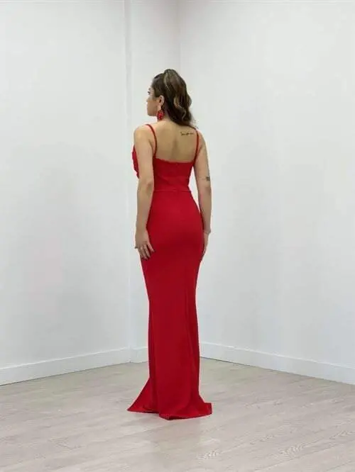 Crepe Fabric Degaje Collar Suspender Dress - RED - BÜYÜKBEDENIZ