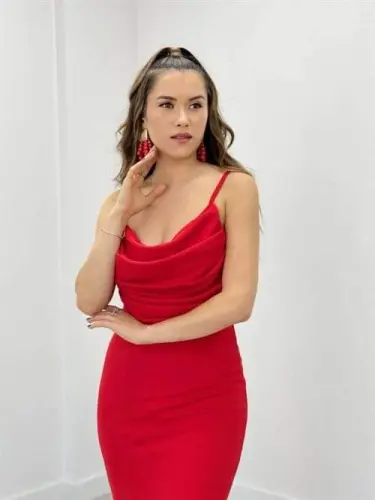 Crepe Fabric Degaje Collar Suspender Dress - RED - 5