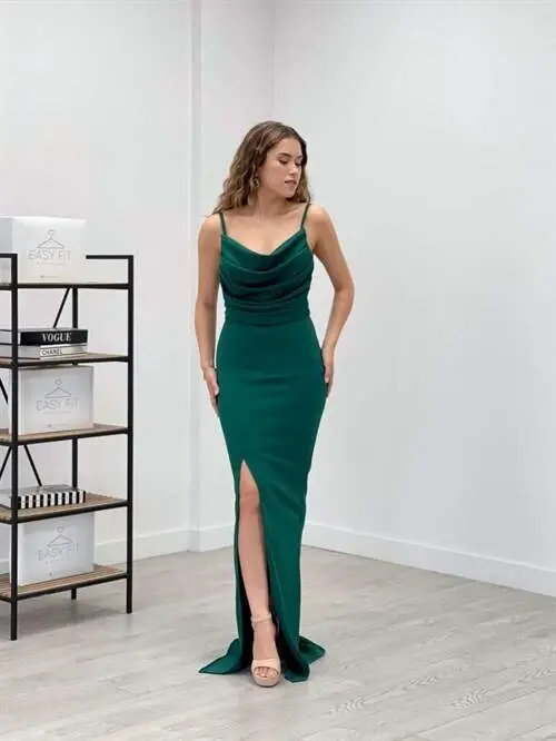 Crepe Fabric Degaje Neck Sleeveless Dress - Emerald Green - 1