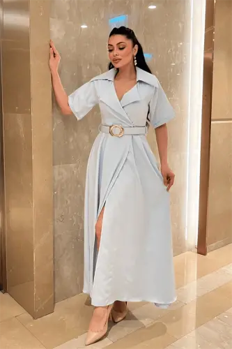 Crepe Fabric Double-Breasted Collar Belted Dress - BABY BLUE - 1