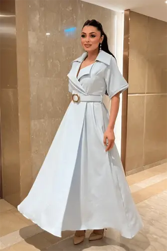 Crepe Fabric Double-Breasted Collar Belted Dress - BABY BLUE - BÜYÜKBEDENIZ (1)