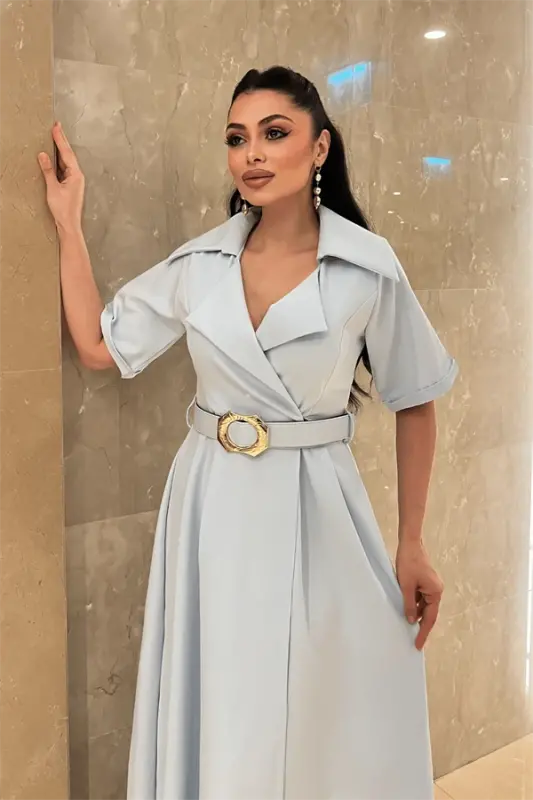 Crepe Fabric Double-Breasted Collar Belted Dress - BABY BLUE - 3