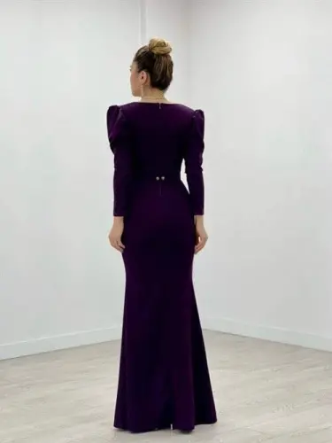 Crepe Fabric Double-Breasted Collar Mermaid Dress - EGGPLANT PURPLE - 1