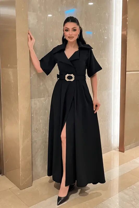 Crepe Fabric Double-Breasted V-Neck Belted Dress - BLACK - 1