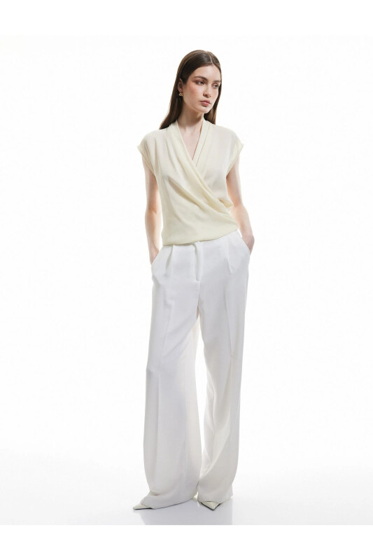 Crepe Fabric Drape Detailed Sleeveless Cross Wrap Blouse-Ecru - KOTON