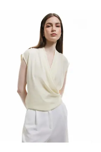 Crepe Fabric Drape Detailed Sleeveless Cross Wrap Blouse-Ecru - 3
