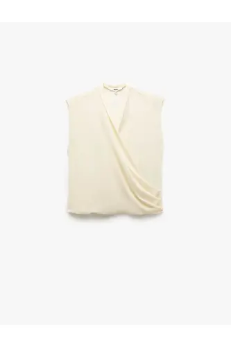 Crepe Fabric Drape Detailed Sleeveless Cross Wrap Blouse-Ecru - 4
