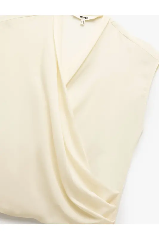Crepe Fabric Drape Detailed Sleeveless Cross Wrap Blouse-Ecru - 6