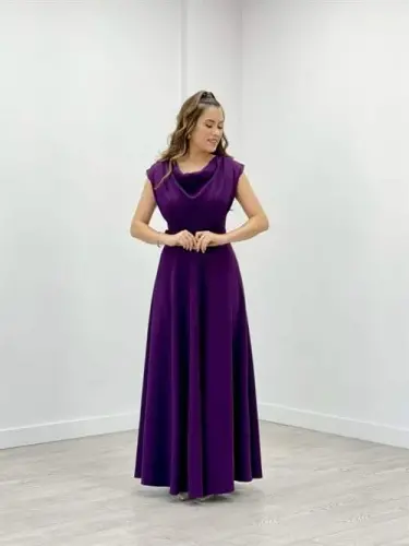 Crepe Fabric Drape Neck Dress - EGGPLANT PURPLE - 1