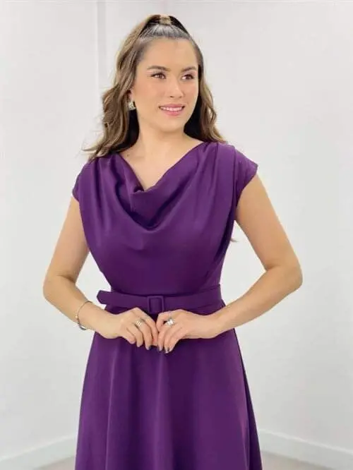 Crepe Fabric Drape Neck Dress - EGGPLANT PURPLE - 3