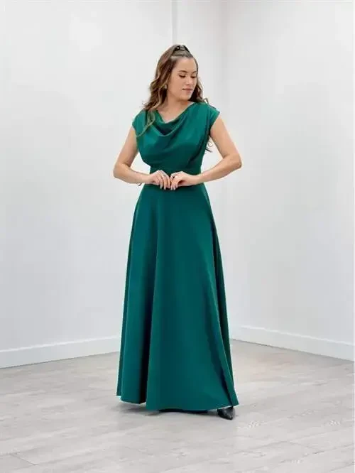 Crepe Fabric Draped Neck Dress - EMERALD GREEN - BÜYÜKBEDENIZ