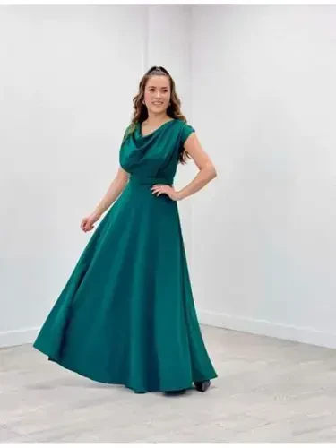 Crepe Fabric Draped Neck Dress - EMERALD GREEN - BÜYÜKBEDENIZ (1)