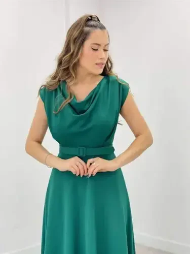 Crepe Fabric Draped Neck Dress - EMERALD GREEN - 3