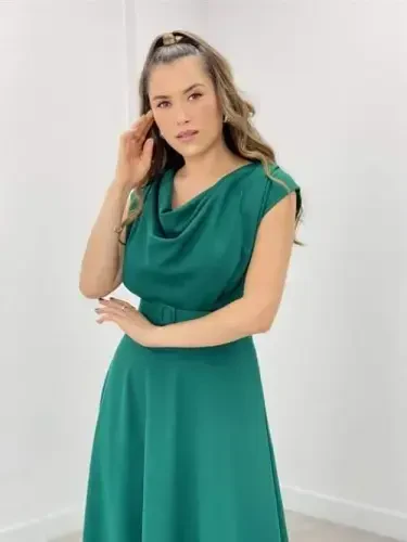 Crepe Fabric Draped Neck Dress - EMERALD GREEN - 4