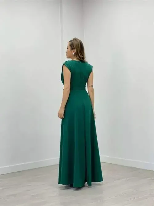Crepe Fabric Draped Neck Dress - EMERALD GREEN - 5