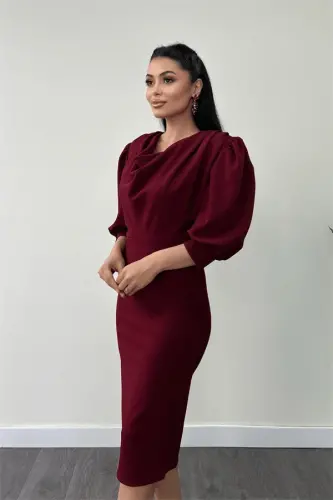 Crepe Fabric Draped Neck Pencil Dress - BURGUNDY - 3