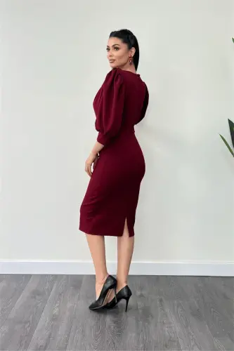 Crepe Fabric Draped Neck Pencil Dress - BURGUNDY - 5