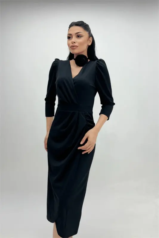 Crepe Fabric Dress Jacket with Rose Detail - BLACK - 3