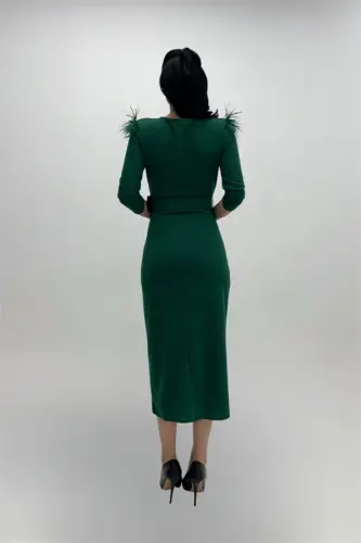 Crepe Fabric Feather Detailed Slit Evening Dress - EMERALD GREEN - 5