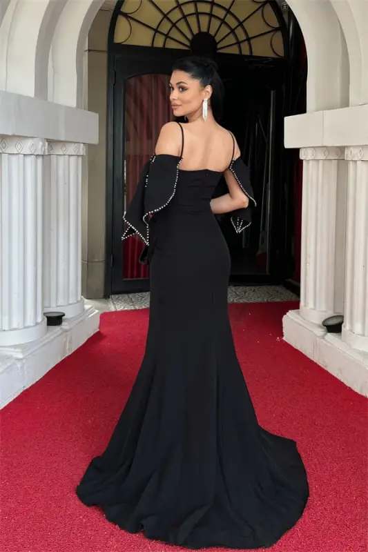 Crepe Fabric Fish Dress with Shoulder Detail - BLACK - 5