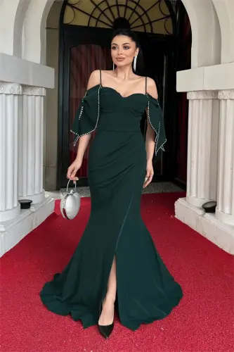 Crepe Fabric Fish Dress with Shoulder Detail - EMERALD GREEN - 1