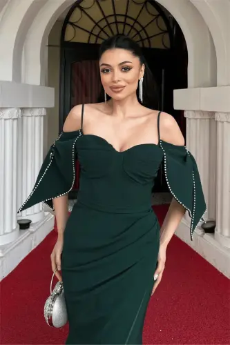 Crepe Fabric Fish Dress with Shoulder Detail - EMERALD GREEN - 3