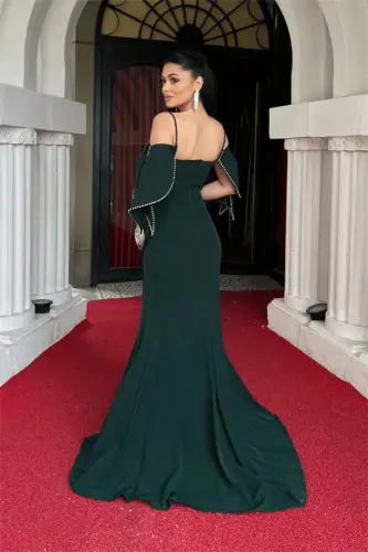 Crepe Fabric Fish Dress with Shoulder Detail - EMERALD GREEN - 5