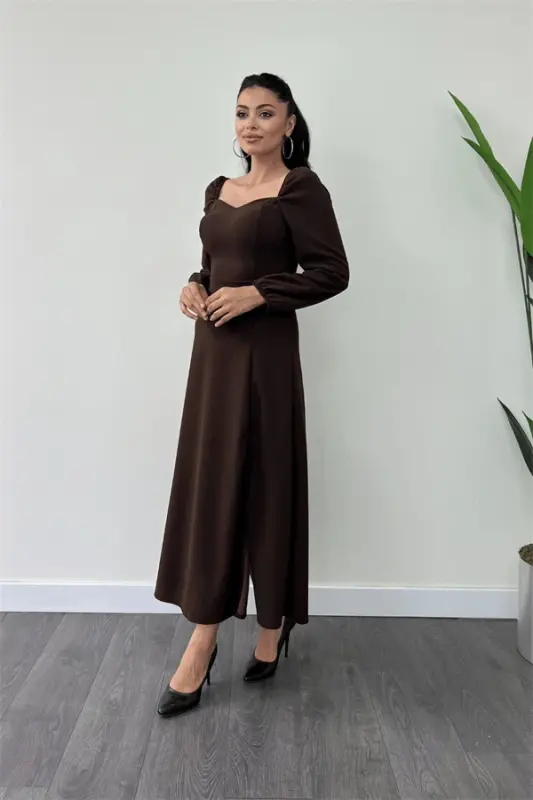 Crepe Fabric Heart Neck Midi Dress - BROWN - BÜYÜKBEDENIZ