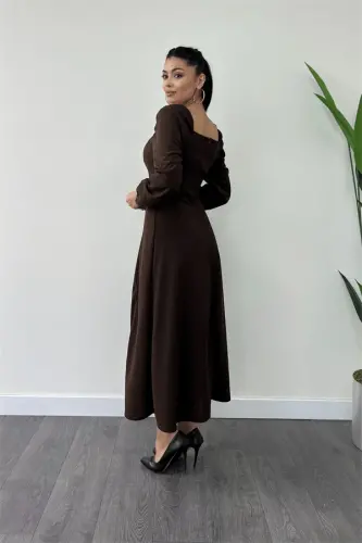 Crepe Fabric Heart Neck Midi Dress - BROWN - 5