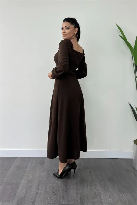 Crepe Fabric Heart Neck Midi Dress - BROWN - 5
