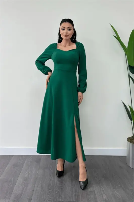 Crepe Fabric Heart Neck Midi Dress - EMERALD - 1
