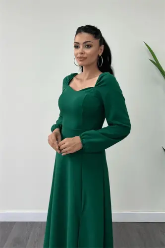 Crepe Fabric Heart Neck Midi Dress - EMERALD - 3