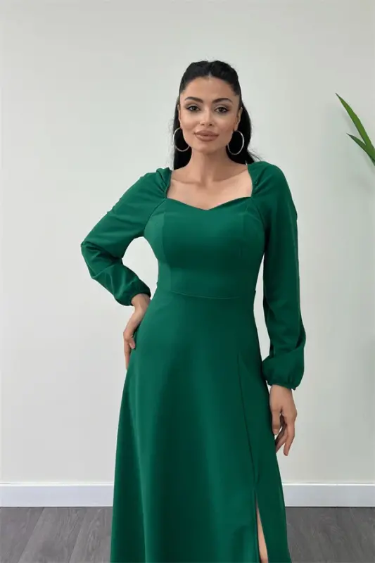 Crepe Fabric Heart Neck Midi Dress - EMERALD - 4