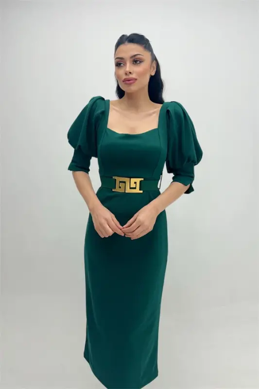 Crepe Fabric Heart Neck Pencil Dress - EMERALD GREEN - 1