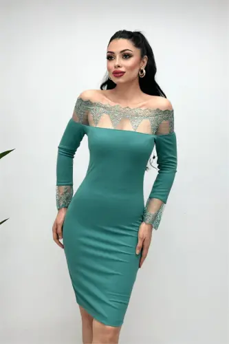 Crepe Fabric Lace Detailed Dress - MINT GREEN - 1