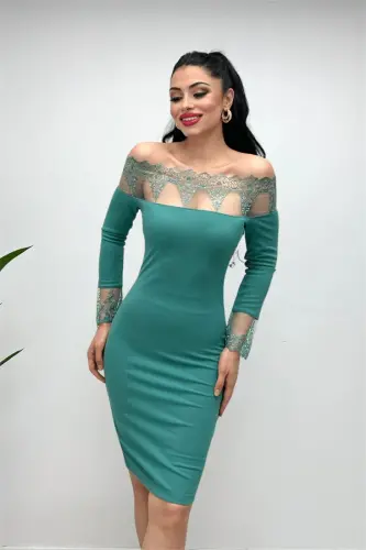 Crepe Fabric Lace Detailed Dress - MINT GREEN - 3