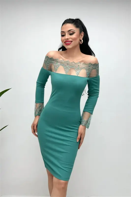 Crepe Fabric Lace Detailed Dress - MINT GREEN - 3