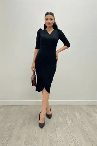 Crepe Fabric Midi Dress - Black - 1