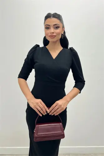 Crepe Fabric Midi Dress - Black - 3