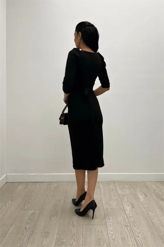 Crepe Fabric Midi Dress - Black - 5