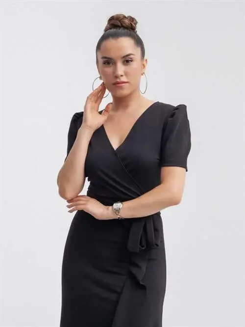 Crepe Fabric Midi Dress - Black - 4