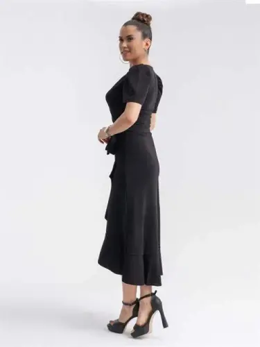Crepe Fabric Midi Dress - Black - 5