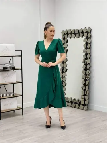 Crepe Fabric Midi Dress - EMERALD GREEN - BÜYÜKBEDENIZ (1)