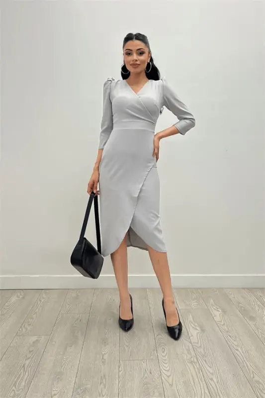 Crepe Fabric Midi Dress - Gray - 1